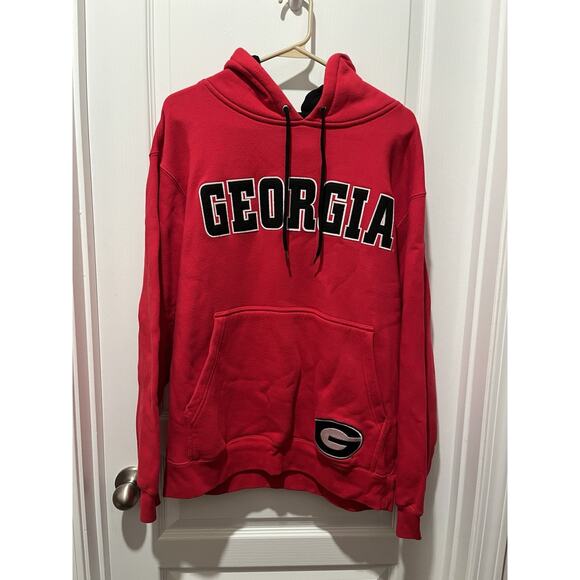 UGA Georgia Bulldogs Hooded Embroidered Red Sweatshirt Men’s Medium Vintage - Picture 1 of 8